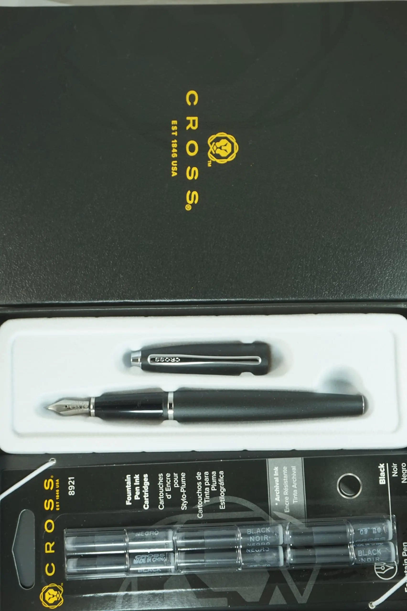 Cross Calais Satin Black, polished Chrome Appointments and Cross signature mid Band Medium Point Fountain Pen in Large Pristine Corporate gift box - crosspenmall.com