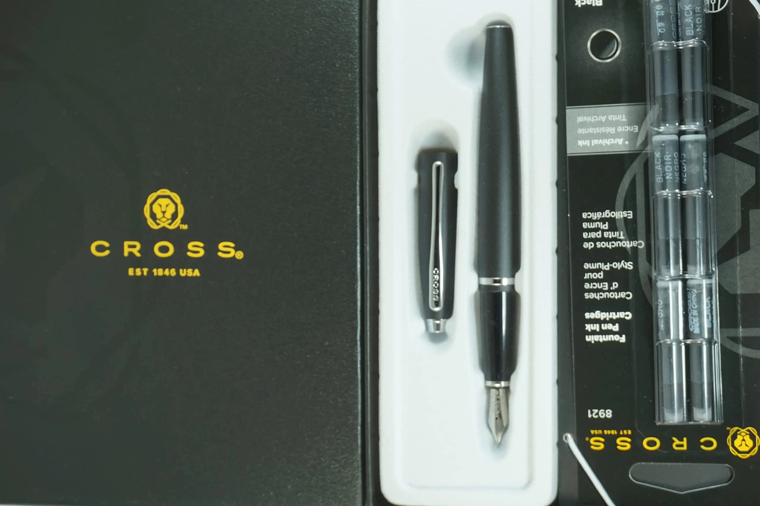 Cross Calais Satin Black, polished Chrome Appointments and Cross signature mid Band Medium Point Fountain Pen in Large Pristine Corporate gift box - crosspenmall.com