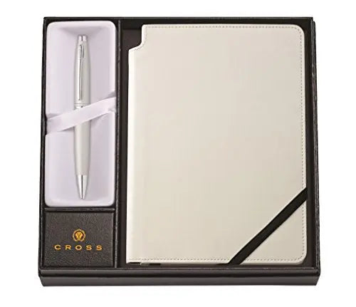Cross Calais Satin Chrome Refillable Ballpoint Pen and Medium Lined Journal Gift Set, Includes Premium Gift Box - Classic White - crosspenmall.com
