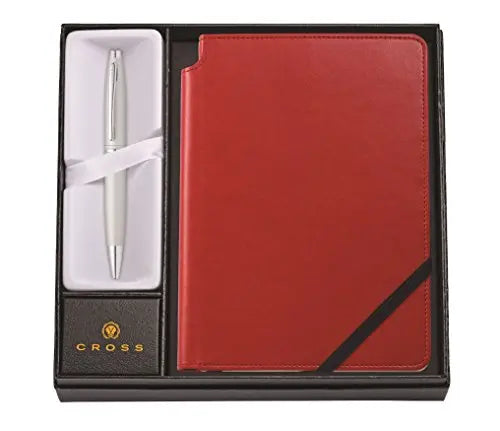 Cross Calais Satin Chrome Refillable Ballpoint Pen and Medium Lined Journal Gift Set, Includes Premium Gift Box - Crimson Red Cross