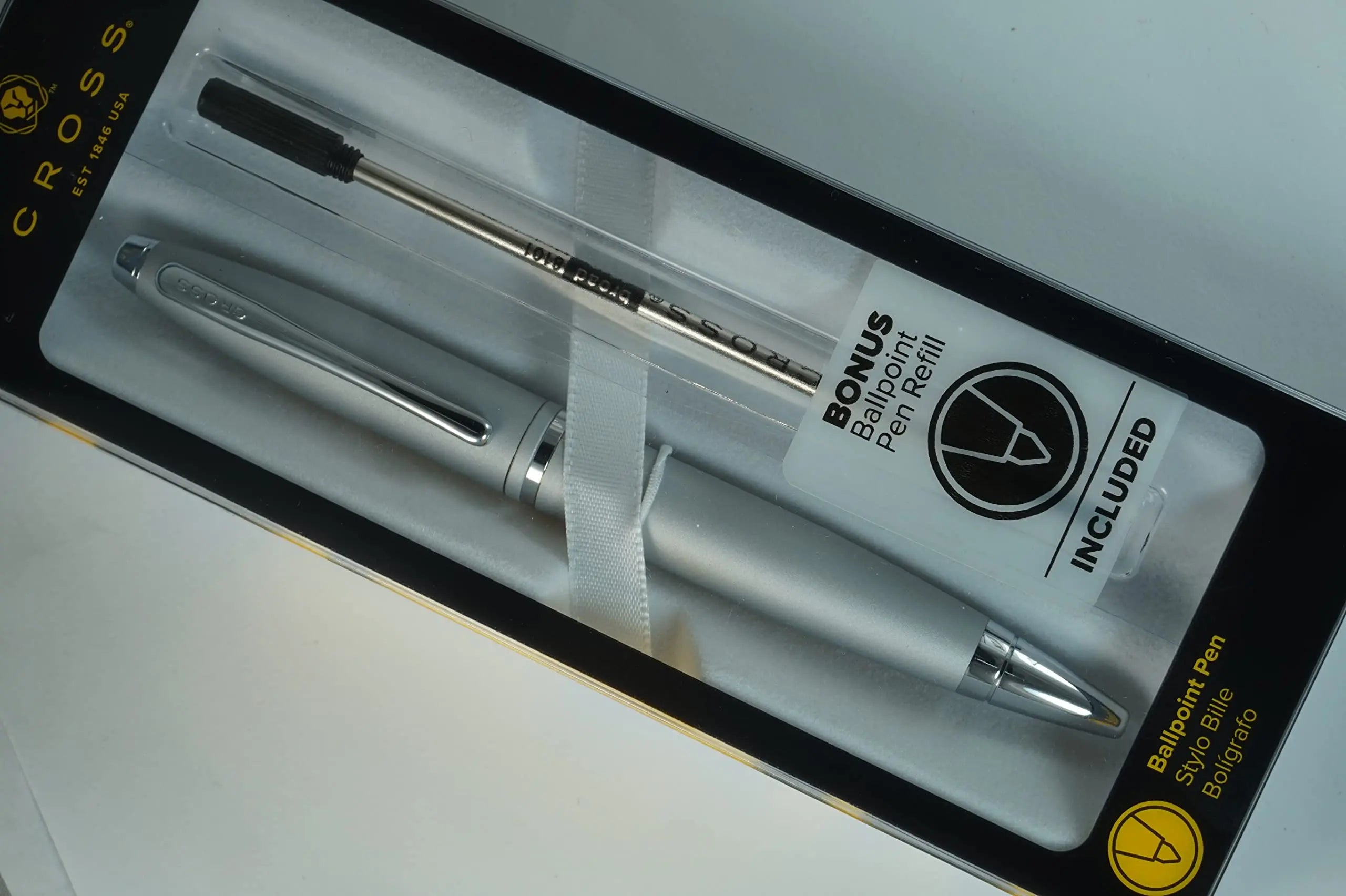 Cross Calais Silver Satin barrel signature mid Band and polished Appointment Ballpoint Pen and Bonus Black refill - crosspenmall.com