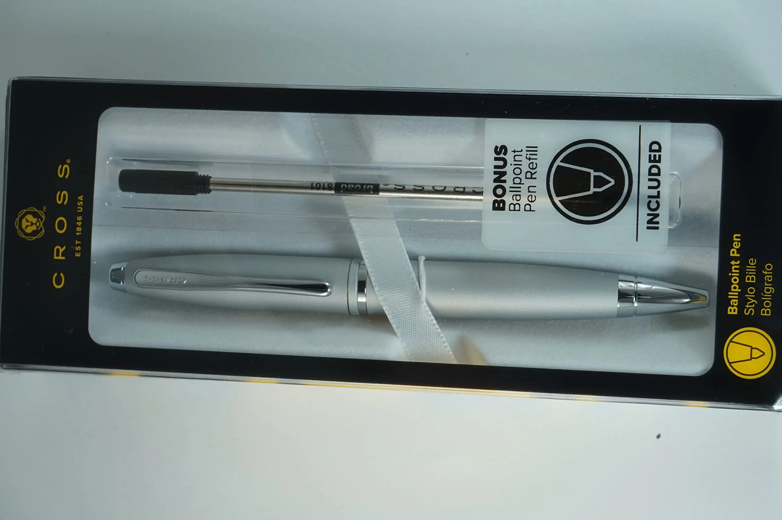 Cross Calais Silver Satin barrel signature mid Band and polished Appointment Ballpoint Pen and Bonus Black refill - crosspenmall.com