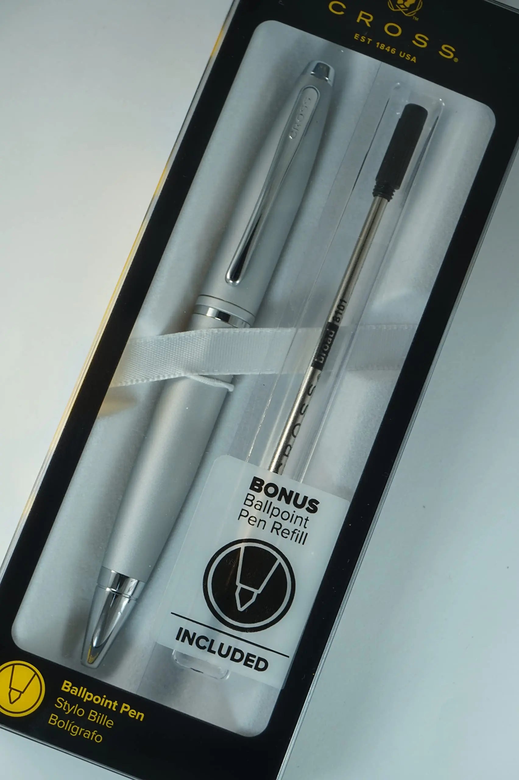 Cross Calais Silver Satin barrel signature mid Band and polished Appointment Ballpoint Pen and Bonus Black refill - crosspenmall.com