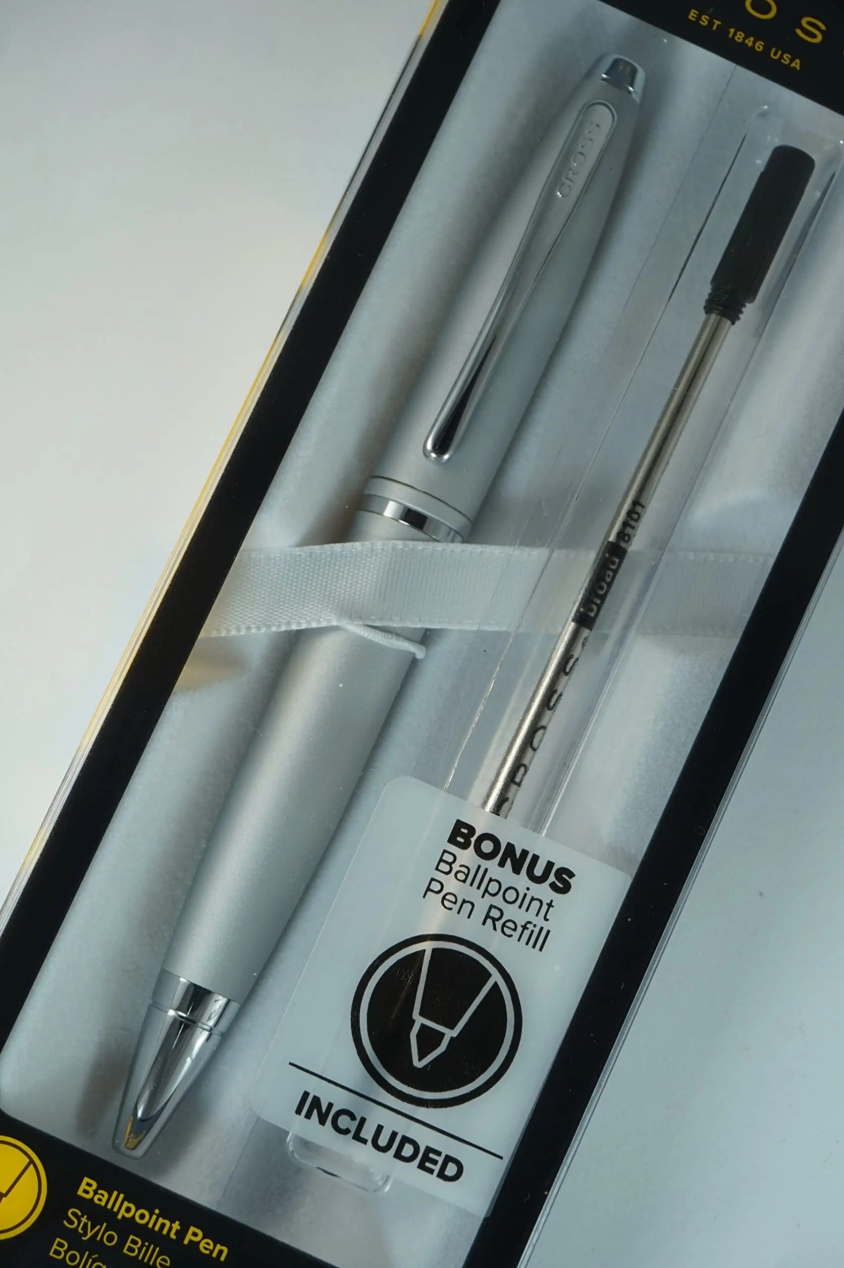 Cross Calais Silver Satin barrel signature mid Band and polished Appointment Ballpoint Pen and Bonus Black refill - crosspenmall.com