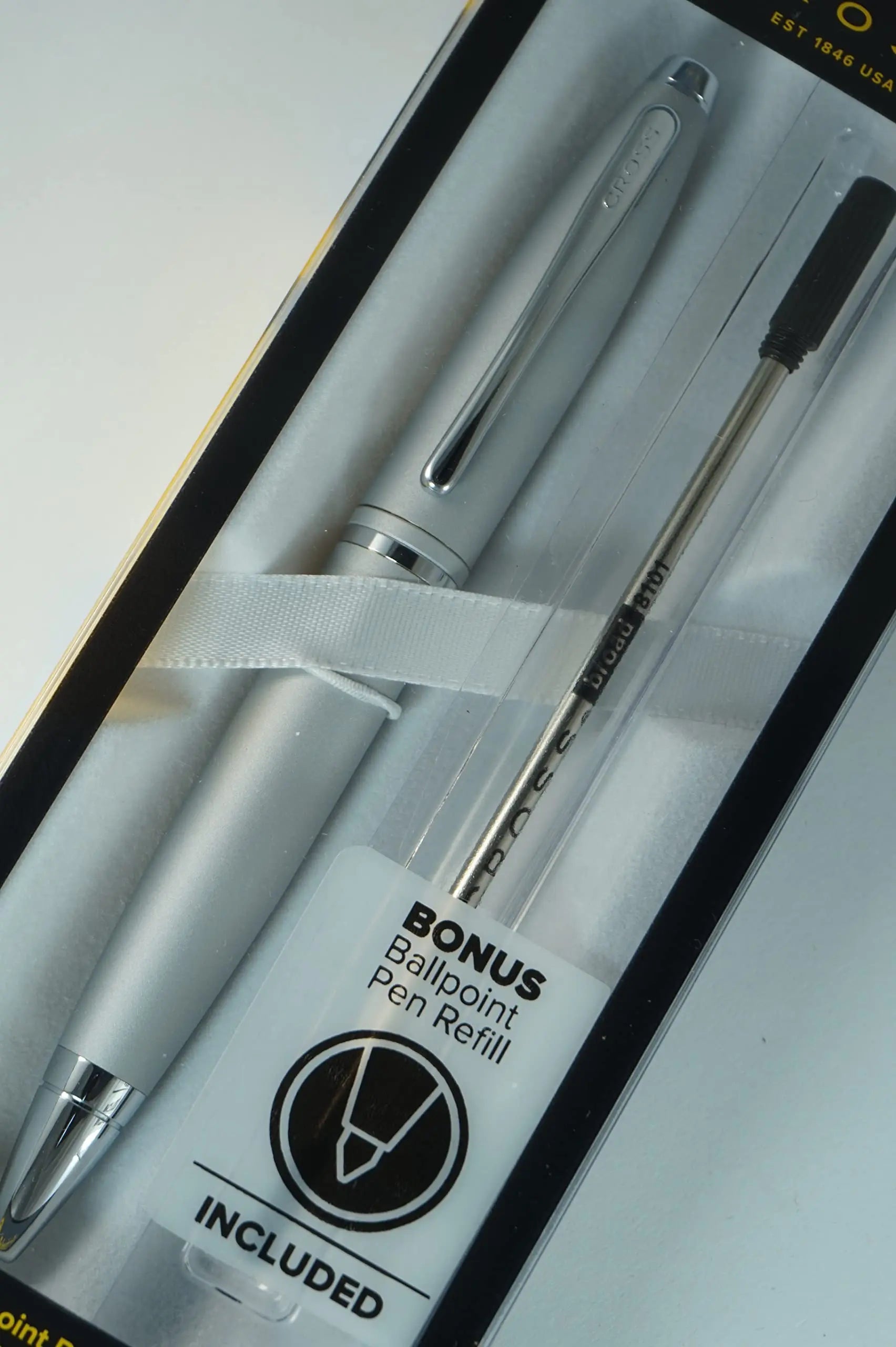 Cross Calais Silver Satin barrel signature mid Band and polished Appointment Ballpoint Pen and Bonus Black refill - crosspenmall.com