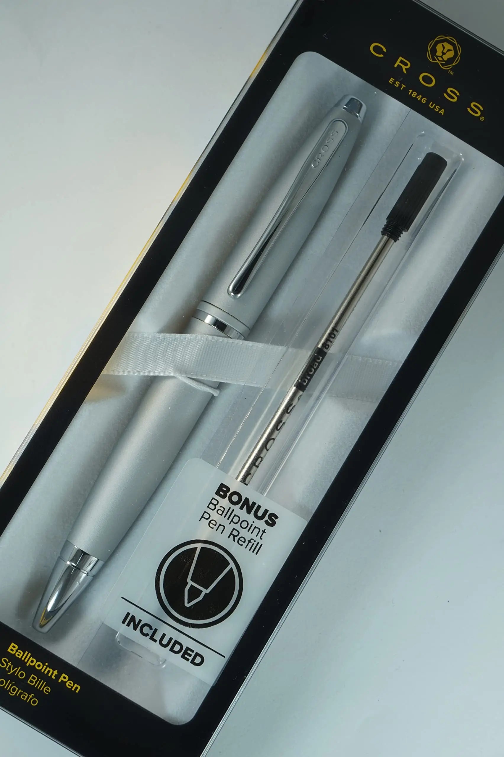 Cross Calais Silver Satin barrel signature mid Band and polished Appointment Ballpoint Pen and Bonus Black refill - crosspenmall.com
