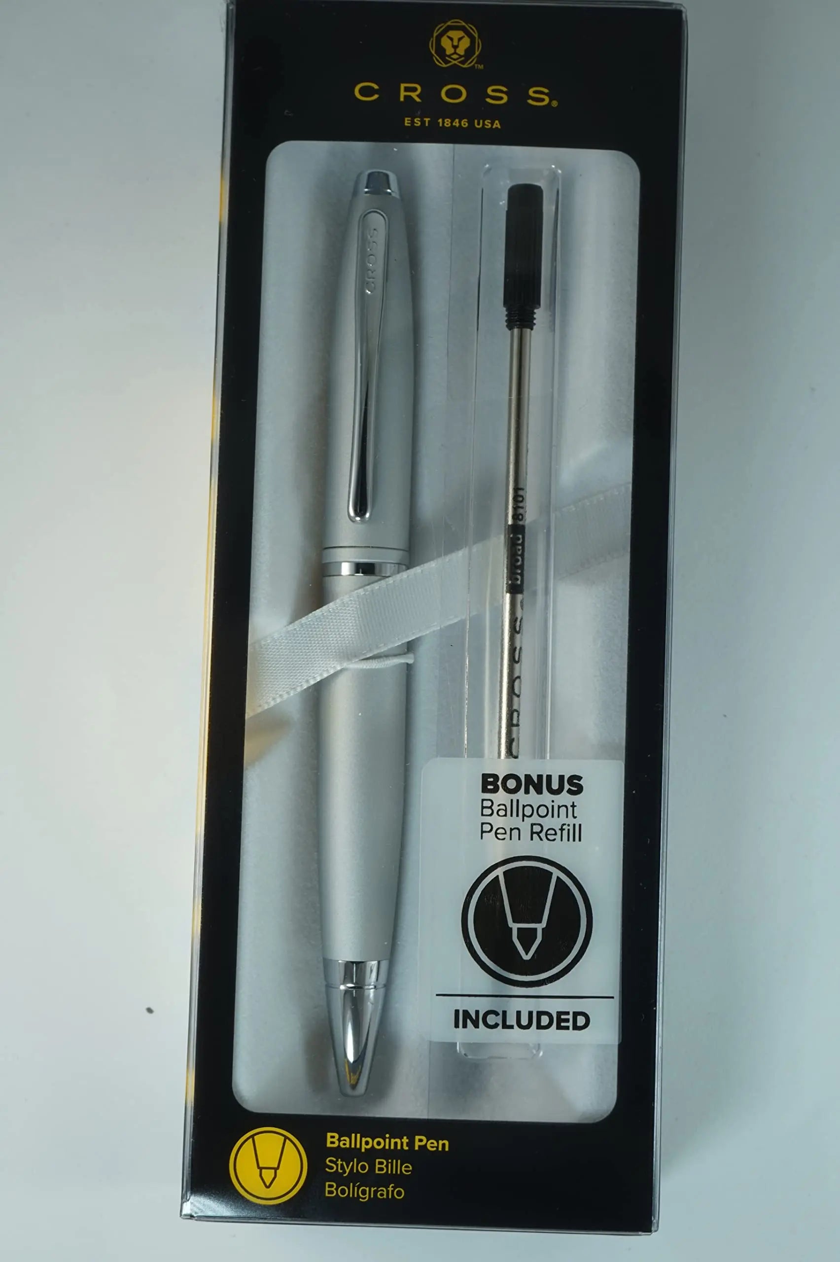 Cross Calais Silver Satin barrel signature mid Band and polished Appointment Ballpoint Pen and Bonus Black refill - crosspenmall.com
