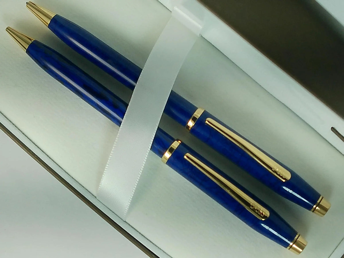 Cross Century II Blue Wood Lacquer Pen and 0.5MM Pencil Set, 23KT Gold Appointments, Made in USA, in Luxury Gift Box cross