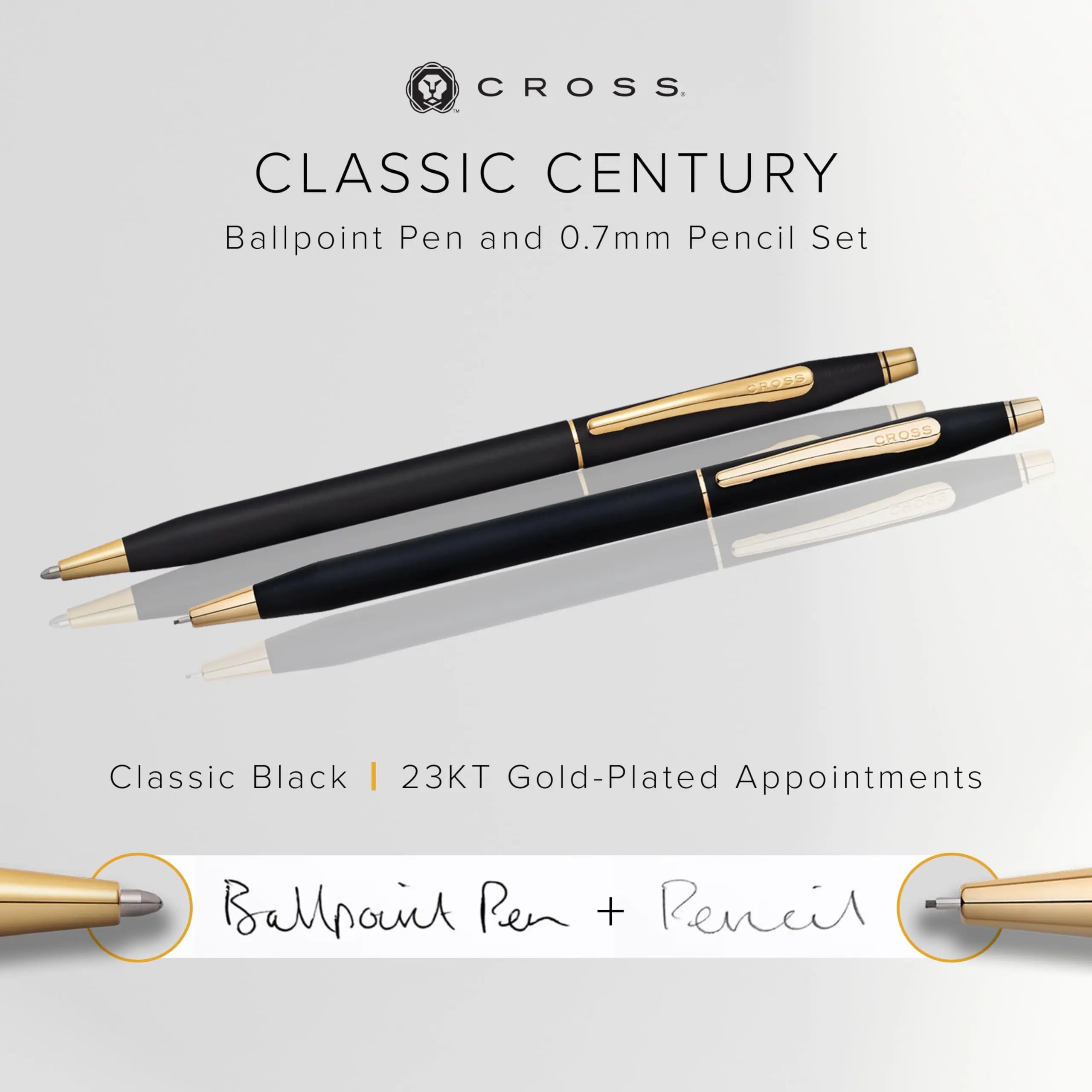 Cross Century, Black, Ballpoint Pen and 0.7mm Pencil Set, with 23 Karat Gold Plated Appointments (250105WG) Cross