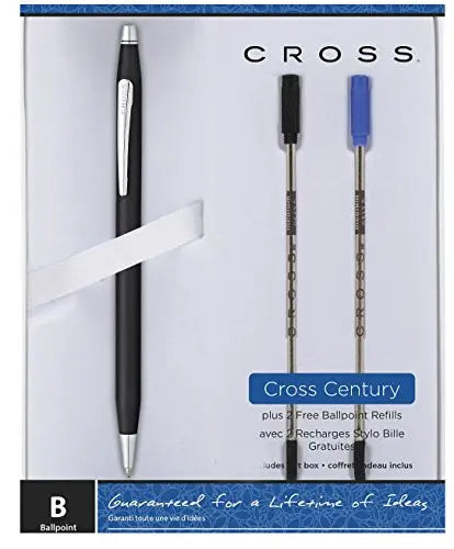 Cross Classic Century Ballpoint Pen Satin Matte Black Chrome Trim with 2 Free Ballpoint Refills - crosspenmall.com