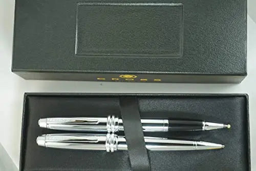 Cross Executive Companion Bailey,Polished Chrome with Cross Signature Diamond Cut Multi-grooved Center Ring Medium Selectip Rollerball Pen & 0.7mm Pencil Set and Name Plate for Engraving Cross