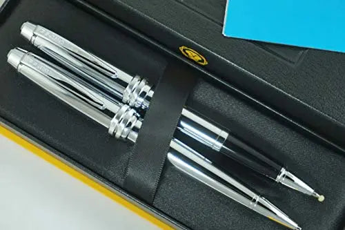 Cross Executive Companion Bailey,Polished Chrome with Cross Signature Diamond Cut Multi-grooved Center Ring Medium Selectip Rollerball Pen & 0.7mm Pencil Set and Name Plate for Engraving Cross