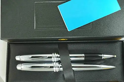 Cross Executive Companion Bailey,Polished Chrome with Cross Signature Diamond Cut Multi-grooved Center Ring Medium Selectip Rollerball Pen & 0.7mm Pencil Set and Name Plate for Engraving Cross