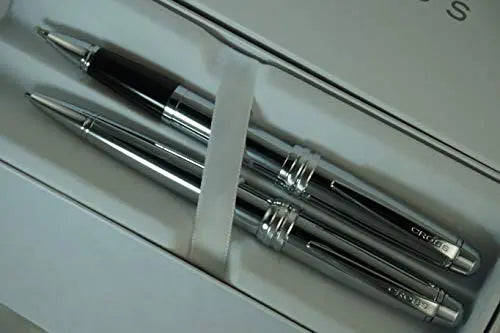 Cross Executive Companion Bailey,Polished Chrome with Cross Signature Diamond Cut Multi-grooved Center Ring Medium Selectip Rollerball Pen & 0.7mm Pencil Set. A Great Gift for Any Occasion. Cross