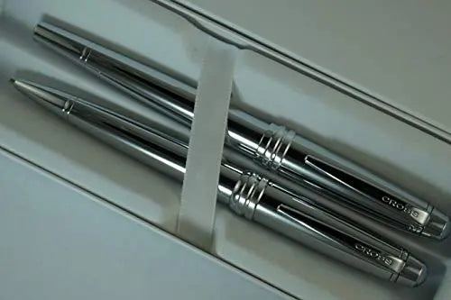 Cross Executive Companion Bailey,Polished Chrome with Cross Signature Diamond Cut Multi-grooved Center Ring Medium Selectip Rollerball Pen & 0.7mm Pencil Set. A Great Gift for Any Occasion. Cross