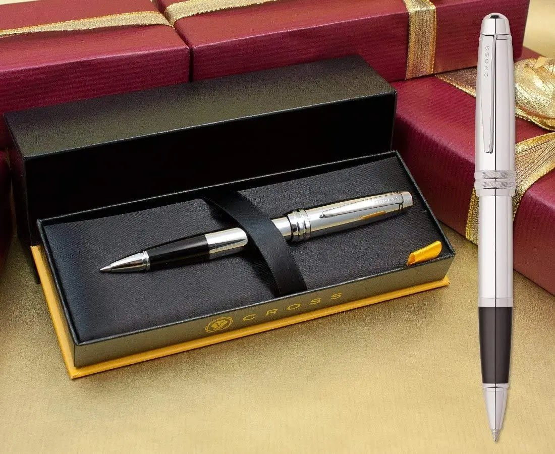 Cross Executive Companion Bailey,Polished Chrome with Cross Signature Diamond Cut Multi-grooved Center Ring Medium Selectip Rollerball Pen in a Custom Gift Box with Name Plate for Engraving - crosspenmall.com