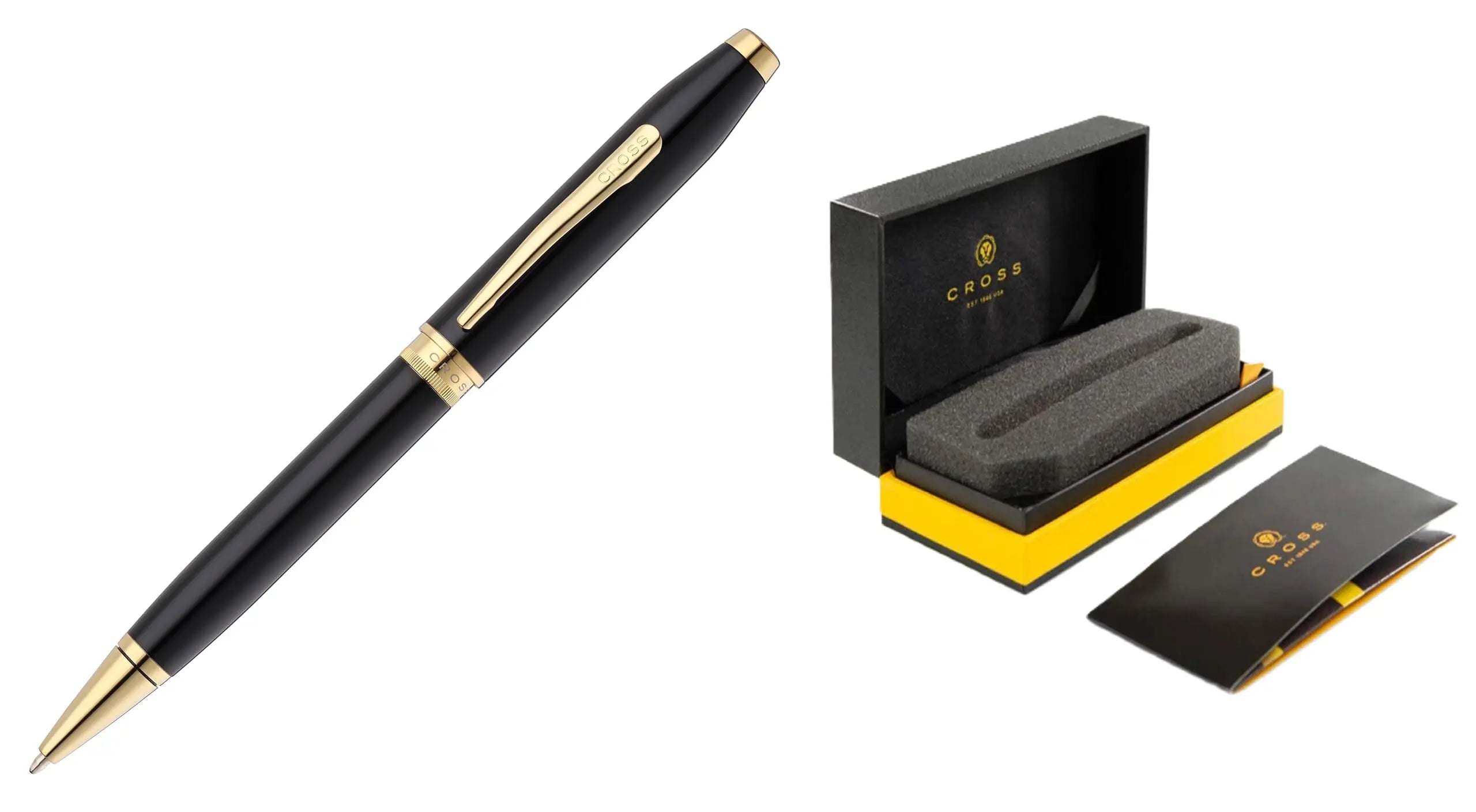 Cross Foundry Matte Black Lacquer with Signature double center ring Ballponit Pen with PVD Gold Appointments in Premium Luxury Gift Box Cross