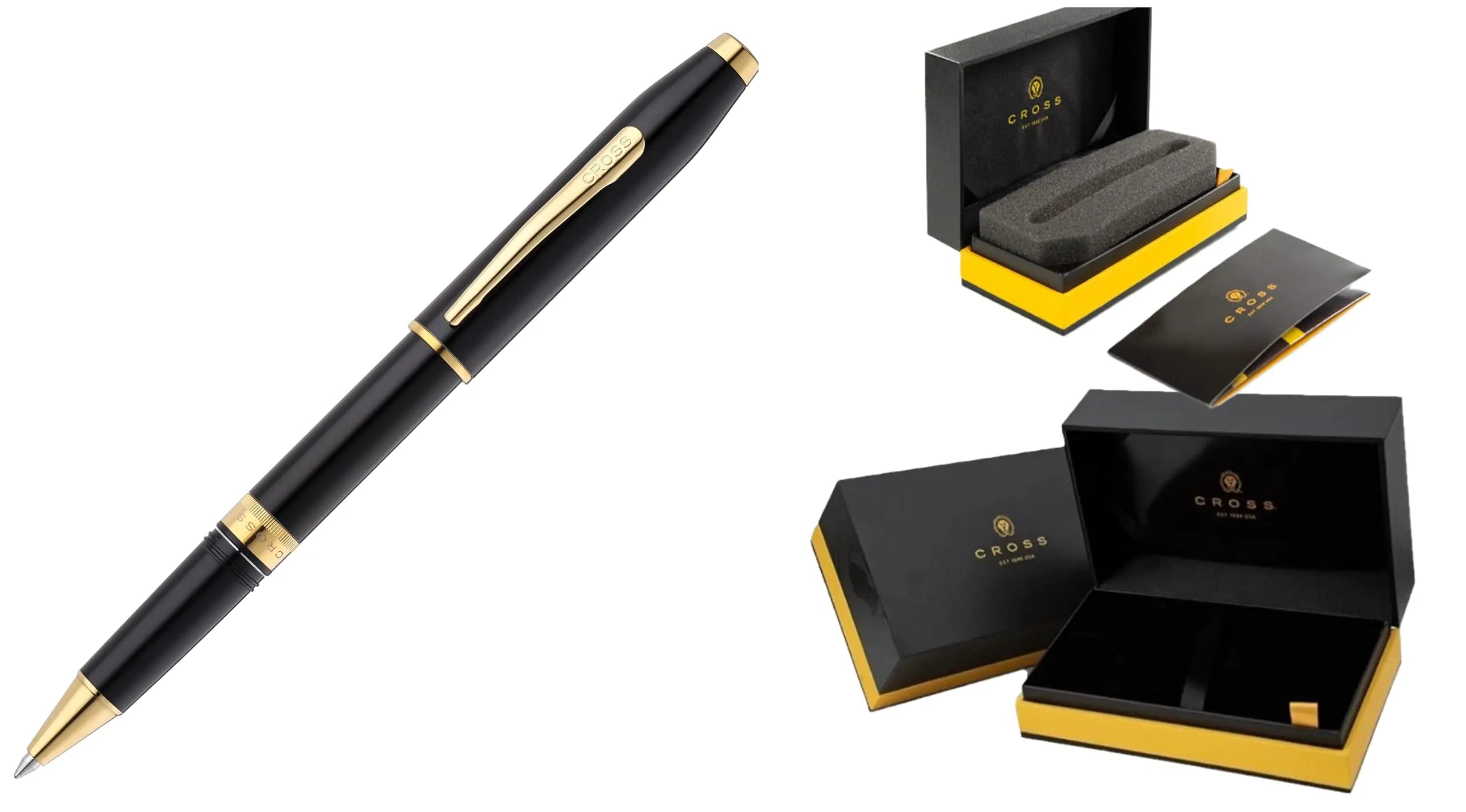 Cross Foundry Pearlescent Black Lacquer Signature double center ring Selectip Rollerball Pen with Lustrous PVD Gold Appointments in Premium Luxury Gift Box Cross