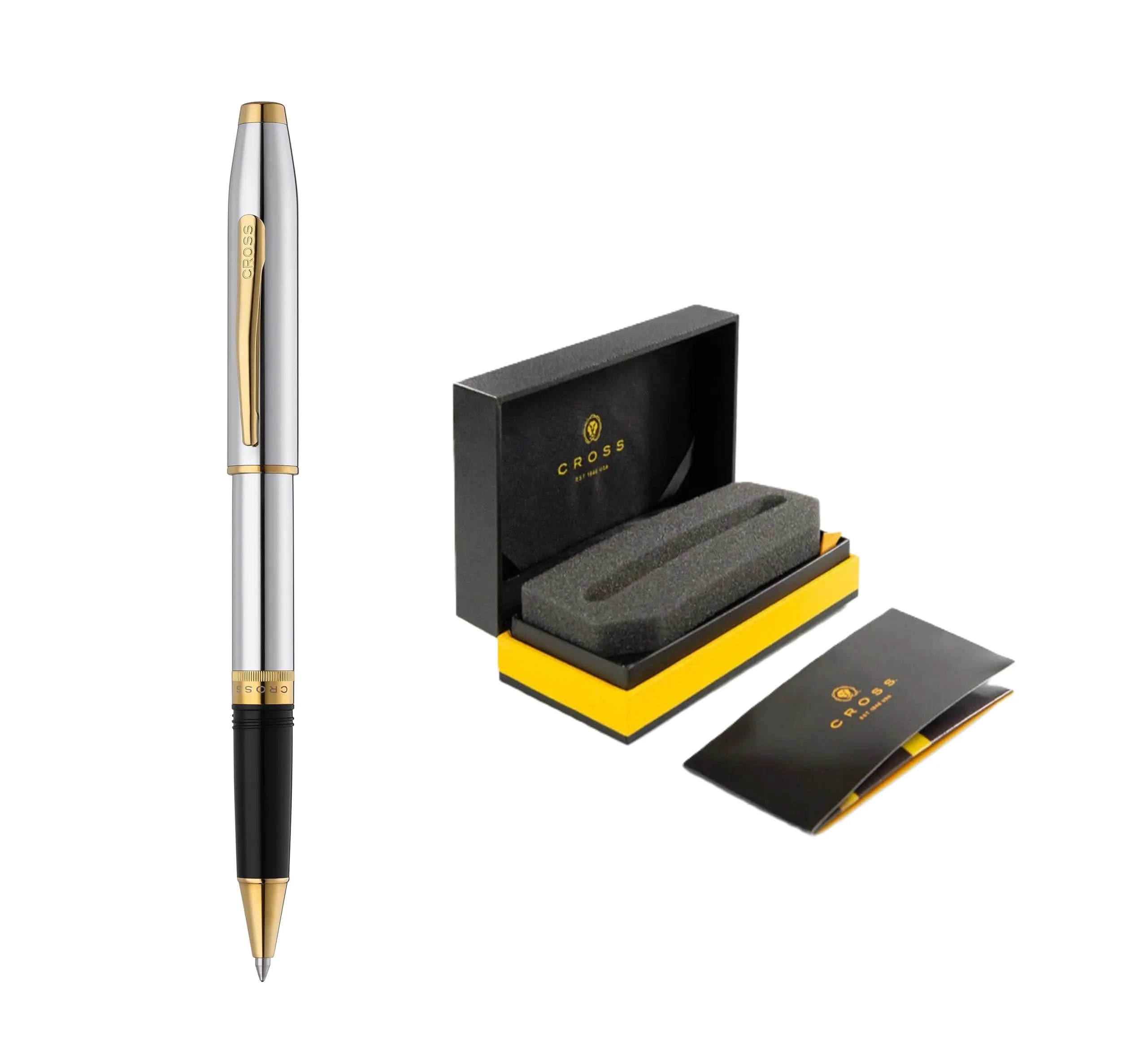 Cross Foundry Pearlescent Polished Chrome and Signature double center ring Rollerball Pen with Lustrous PVD Gold Appointments in Premium Luxury Gift Box Cross