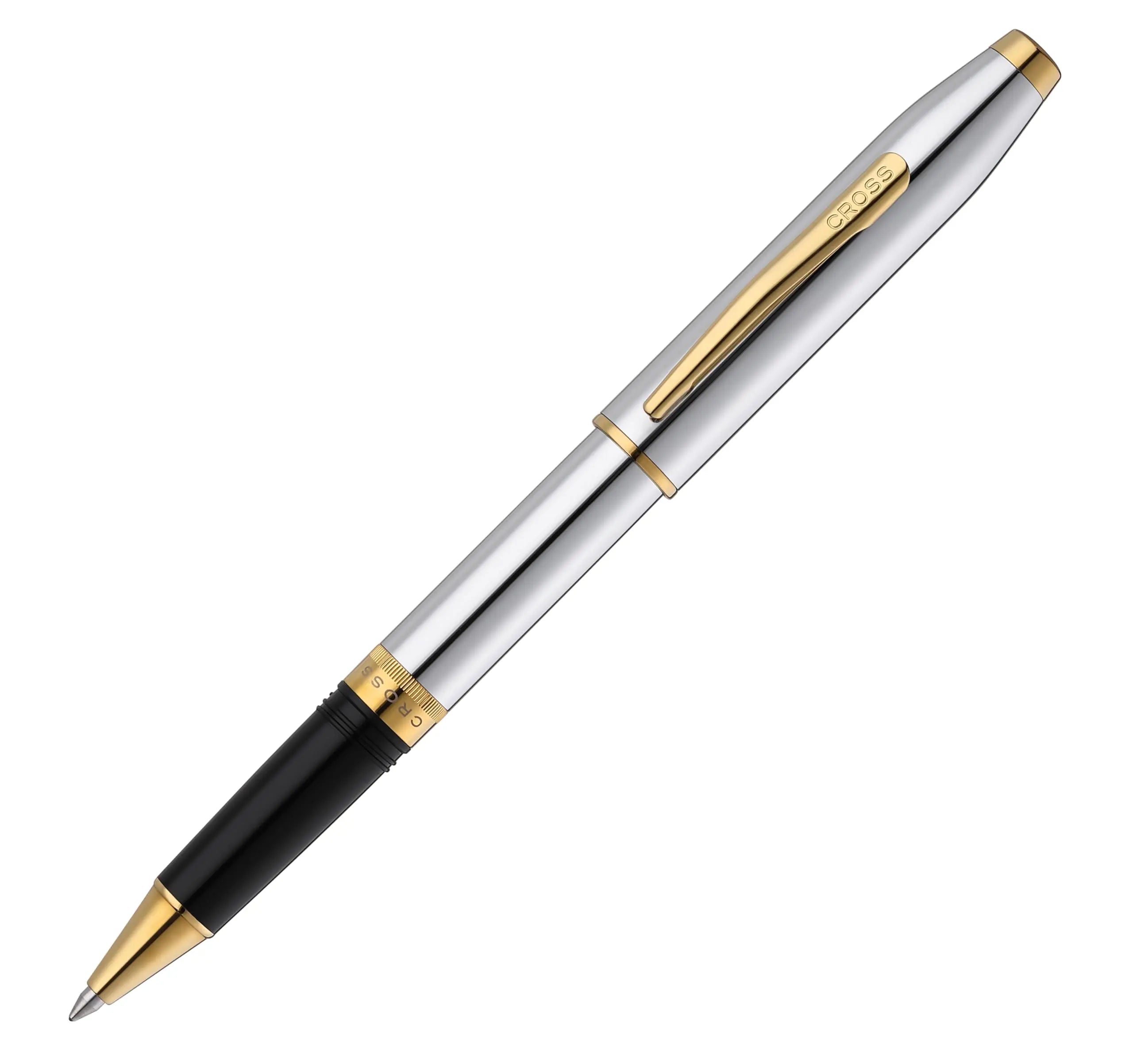 Cross Foundry Pearlescent Polished Chrome and Signature double center ring Rollerball Pen with Lustrous PVD Gold Appointments in Premium Luxury Gift Box Cross