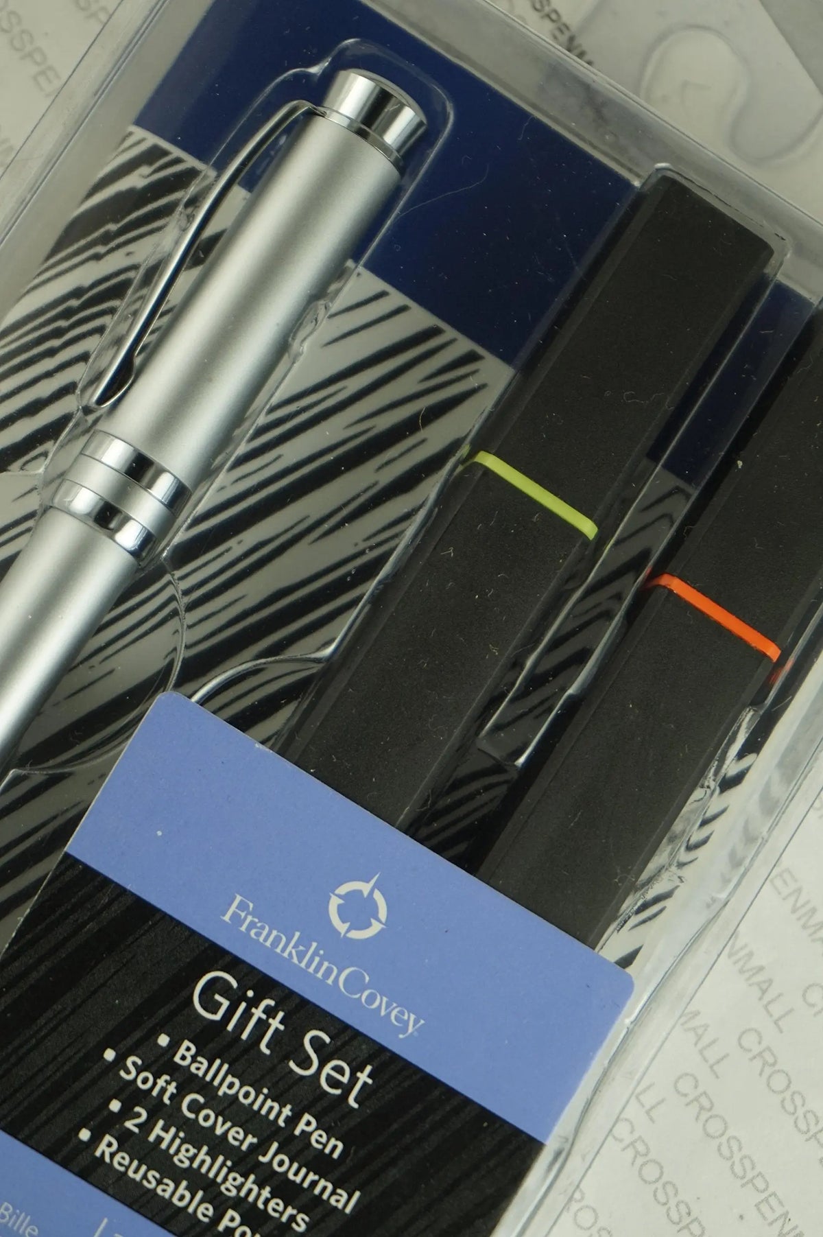 Cross Franklin Covey Freemont Deco Matte Satin Barrel with Cross Signature mid Bands Ballpoint Pen and, 2 Highlighters (Orange & Yellow Highlighters),and Lined Journal Gift Set cross