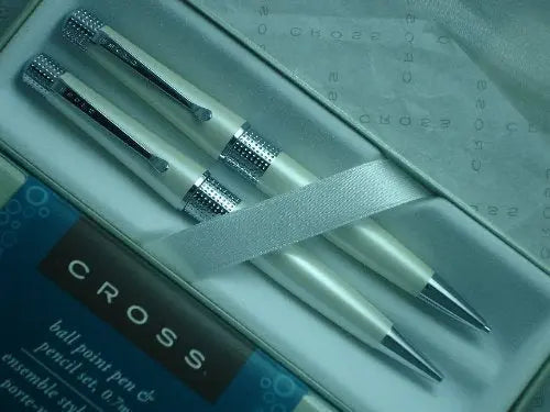 Cross Limited Collection Beverly Pearlescent White Lacquer with Cross Signature Pronounced Center Band Pen and 0.7mm Pencil Set.A Great Wedding, Birthday, Graduation & Christmas Gift - crosspenmall.com