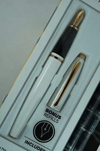Cross Limited Collection Pearlescent White Lightning Medalist and 23KT Rose Gold Appointments and Cross signature mid Band Calaise Medium nib Fountain Pen with 6 cartridges Cross
