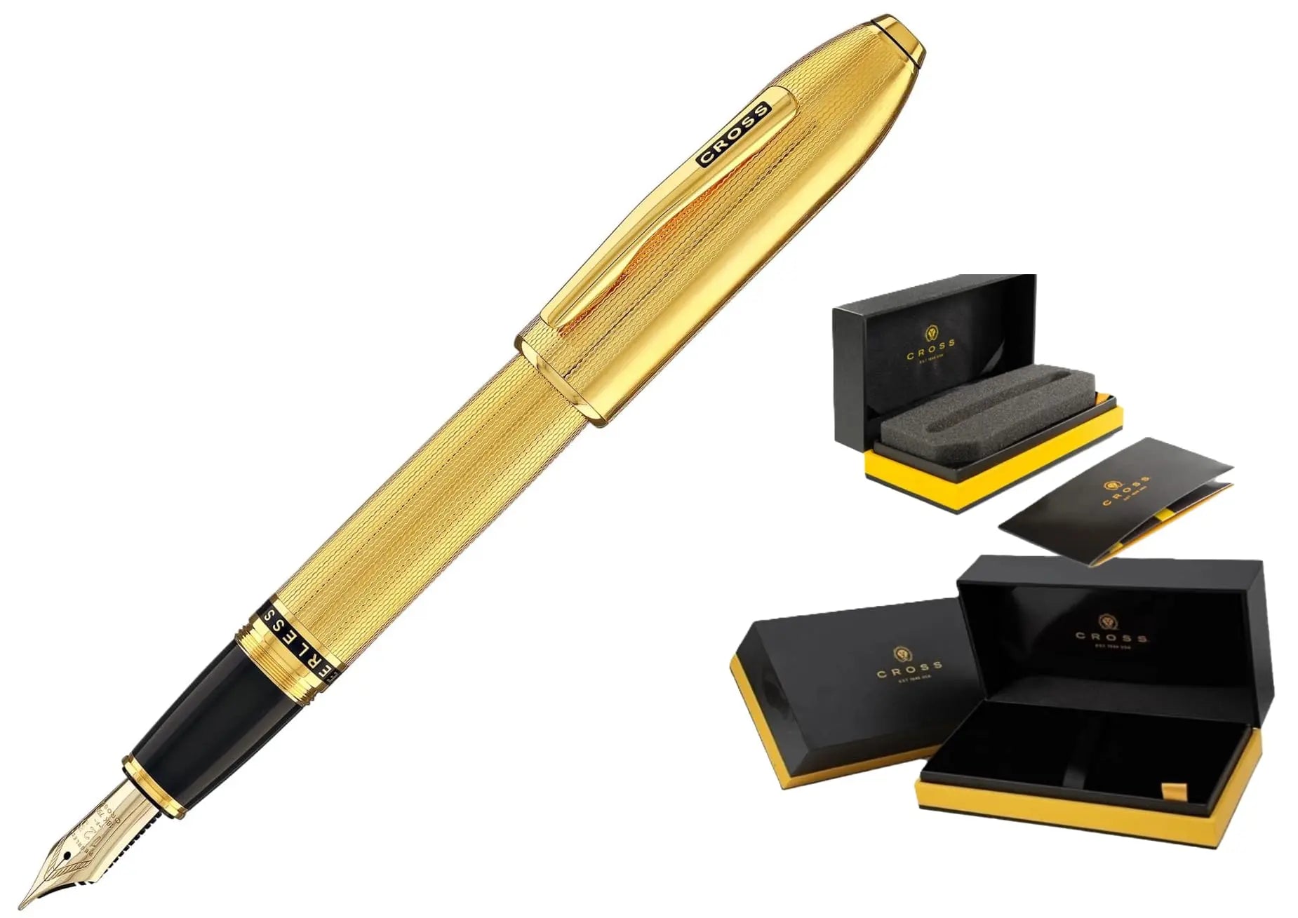 Cross Limited Collection Peerless™ 18KT Gold Fine Nib Fountain Pen with Engraved 23KT Heavy Gold Plate Diamond Pattern Barrel, Swarovski™ Crystal & Engravable Panel, in Luxury Gift Box Cross