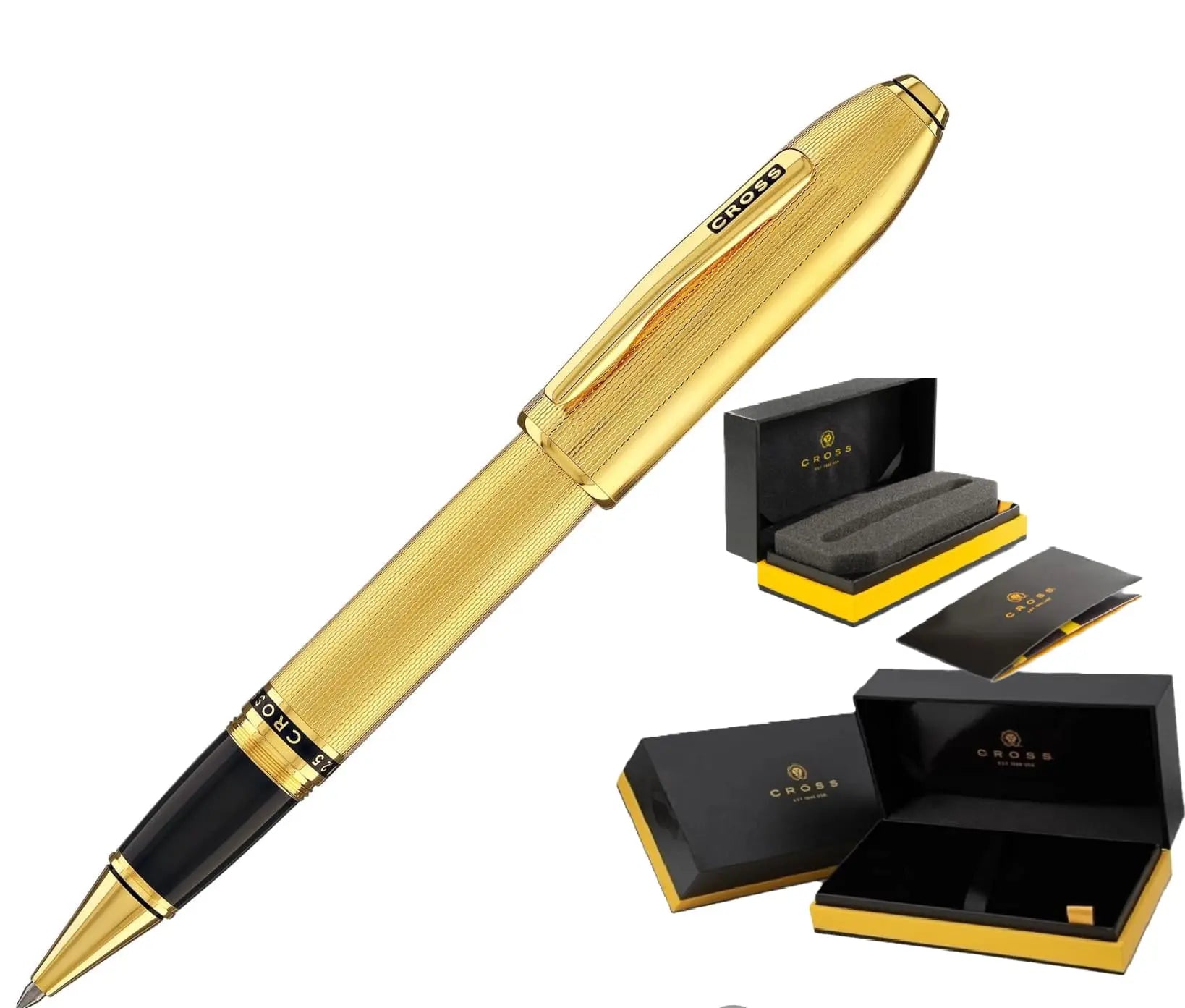 Cross Limited Collection Peerless™ Rollerball Pen with 23KT Heavy Gold Plate,Engraved Diamond Pattern, Gold Plated Appointments, Swarovski™ Crystal and Engravable Panel, in Luxury Gift Box Cross