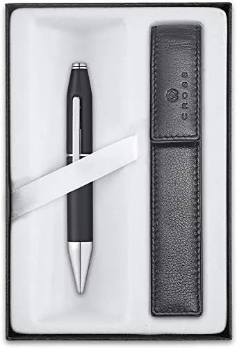 Cross Limited Collection x Series with Patented snap-open, snap-shut slide Gel Ink Black Barrel Selectip Rollerball Pen with Matching full grain Leather Case in corporate gift box - crosspenmall.com