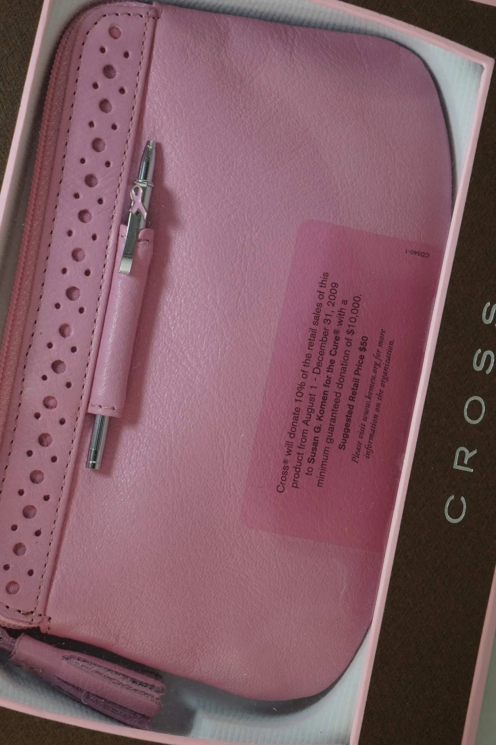 Cross Limited Edition Rose Pink with Cross Signature Perforated Detailing Breast Cancer Awareness Italian Full Grain Leather Purse with Pen Cross
