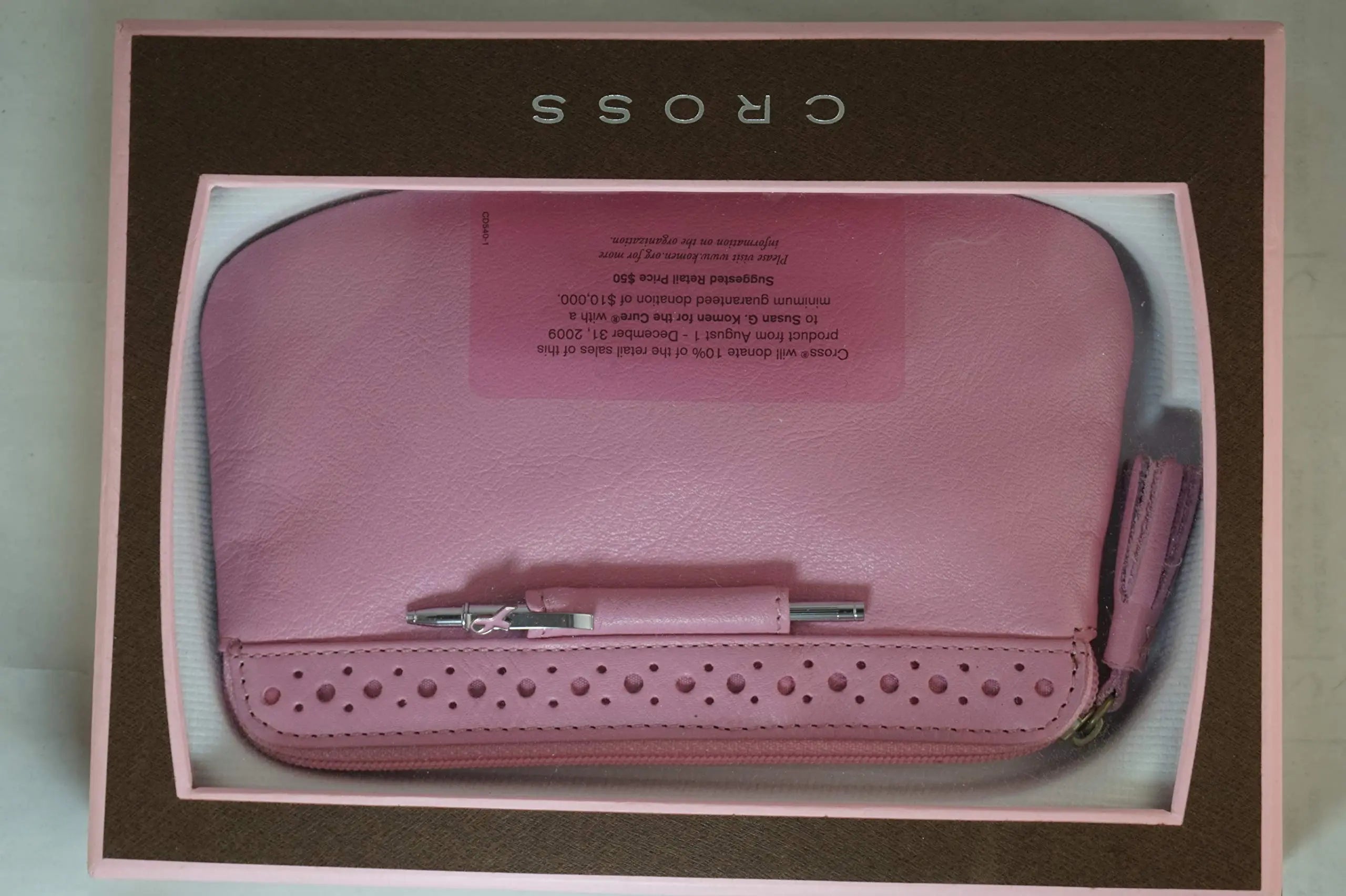 Cross Limited Edition Rose Pink with Cross Signature Perforated Detailing Breast Cancer Awareness Italian Full Grain Leather Purse with Pen Cross