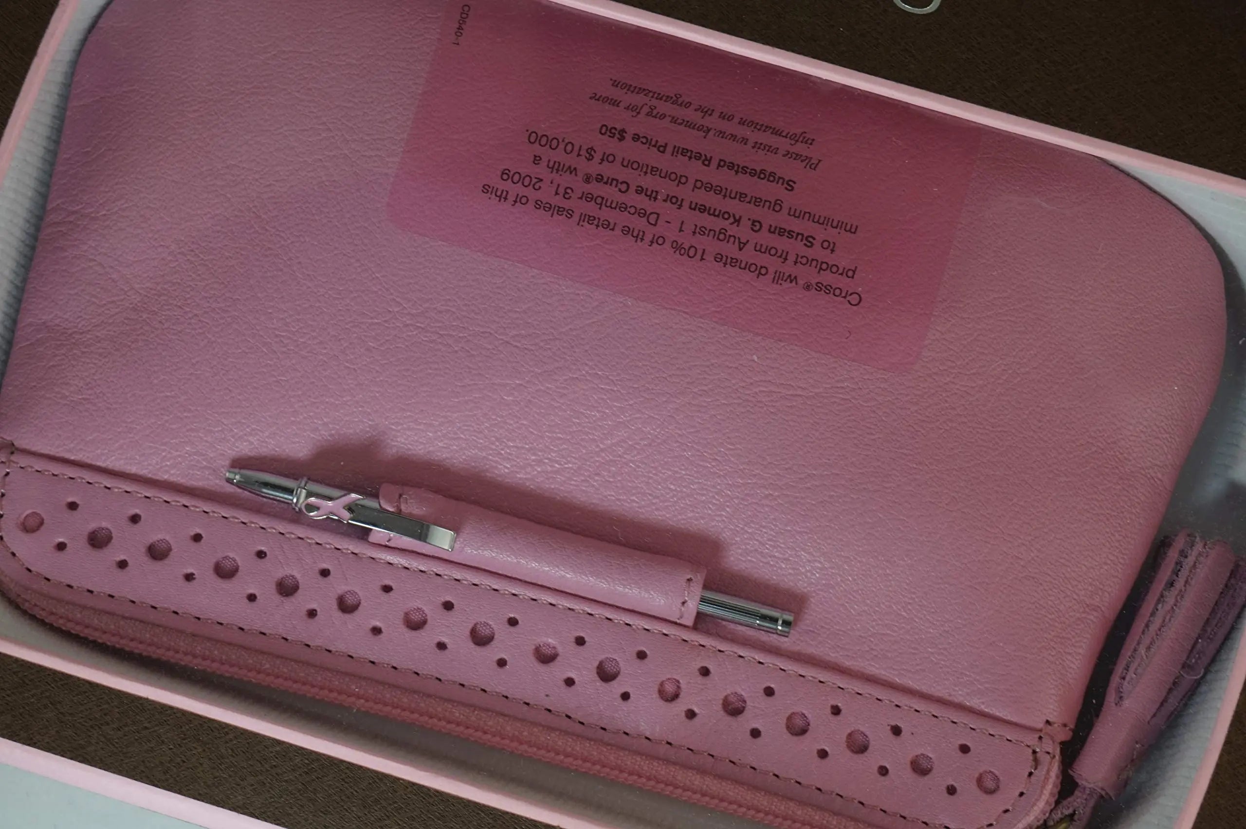 Cross Limited Edition Rose Pink with Cross Signature Perforated Detailing Breast Cancer Awareness Italian Full Grain Leather Purse with Pen Cross