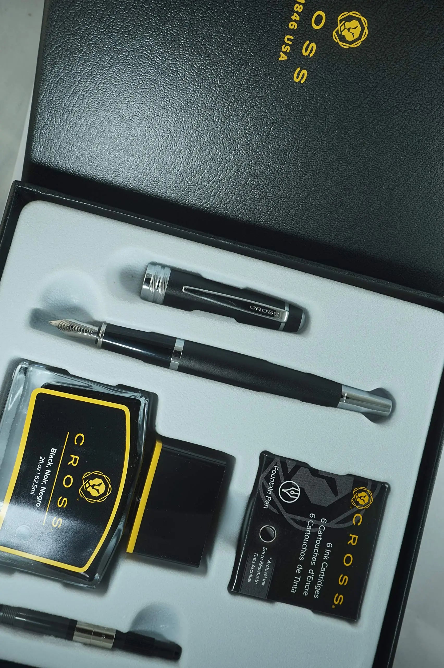 Cross Limited Series Diamond Cut Multi-groove Center Ring Bailey Fountain Pen Gift Set with Bottled Ink, Converter and 6 Ink Cartridges - Matte Black (AT0456H-11MS/4)… Cross