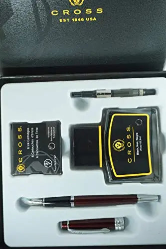 Cross Limited Series Diamond Cut Multi-groove Center Ring Bailey Medium Point Fountain Pen Gift Set with Bottled Ink, Converter and 6 Ink Cartridges - A.T. Cross