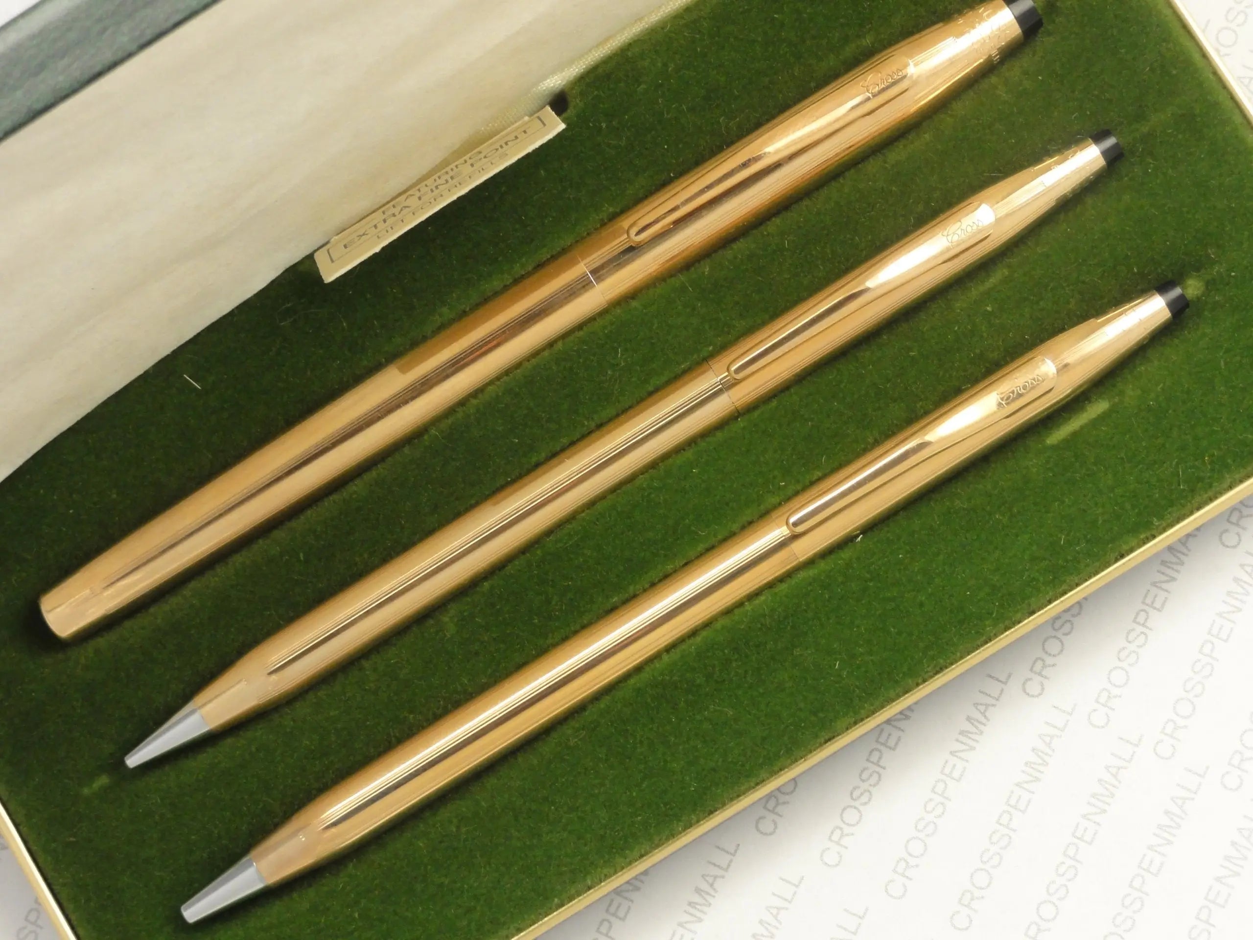 Cross Made in The USA Century Classic Trio of 14K Rolled/Filled Rollerball Pen, Ball-Point Pen and 0.9MM Pencil Combo Set in Original Leather Box. Very Rare Made in Lincoln Rhode Island, USA crosspenmall.com