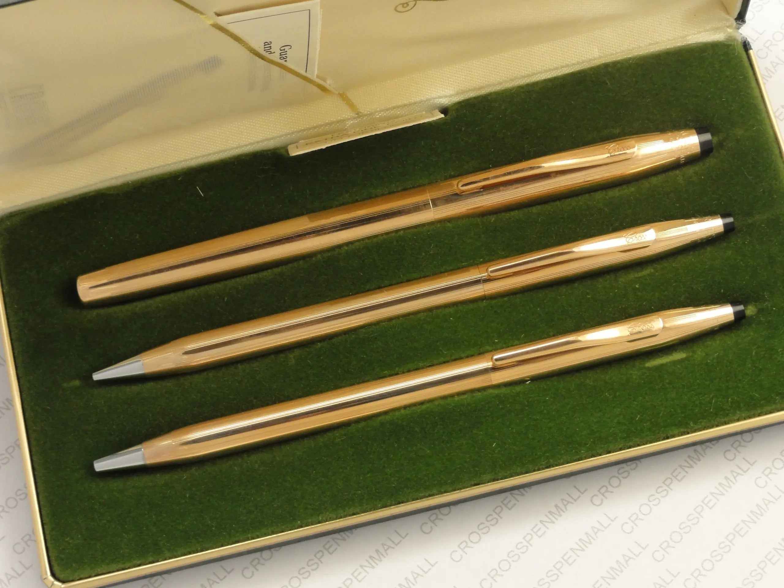 Cross Made in The USA Century Classic Trio of 14K Rolled/Filled Rollerball Pen, Ball-Point Pen and 0.9MM Pencil Combo Set in Original Leather Box. Very Rare Made in Lincoln Rhode Island, USA crosspenmall.com