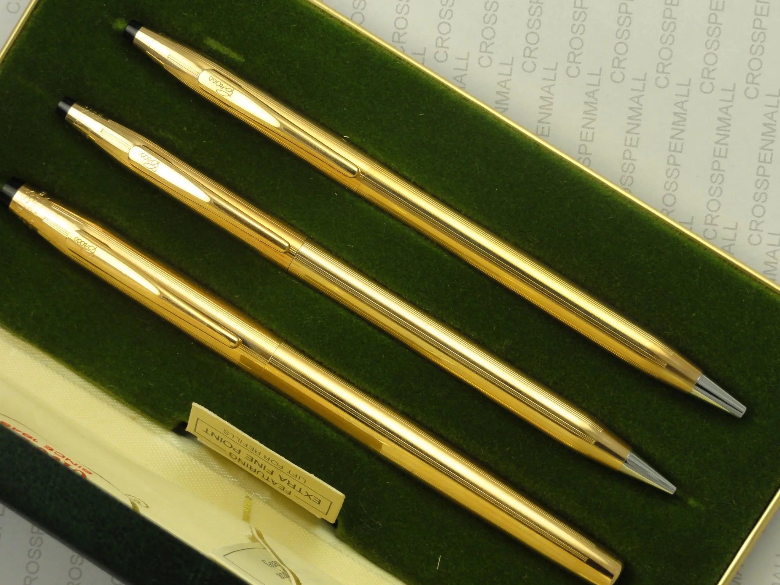 Cross Made in The USA Century Classic Trio of 14K Rolled/Filled Rollerball Pen, Ball-Point Pen and 0.9MM Pencil Combo Set in Original Leather Box. Very Rare Made in Lincoln Rhode Island, USA crosspenmall.com