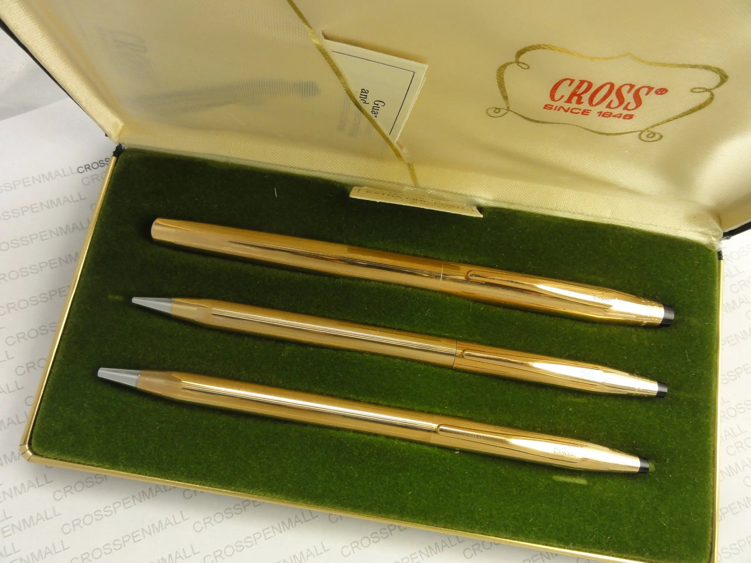 Cross Made in The USA Century Classic Trio of 14K Rolled/Filled Rollerball Pen, Ball-Point Pen and 0.9MM Pencil Combo Set in Original Leather Box. Very Rare Made in Lincoln Rhode Island, USA crosspenmall.com