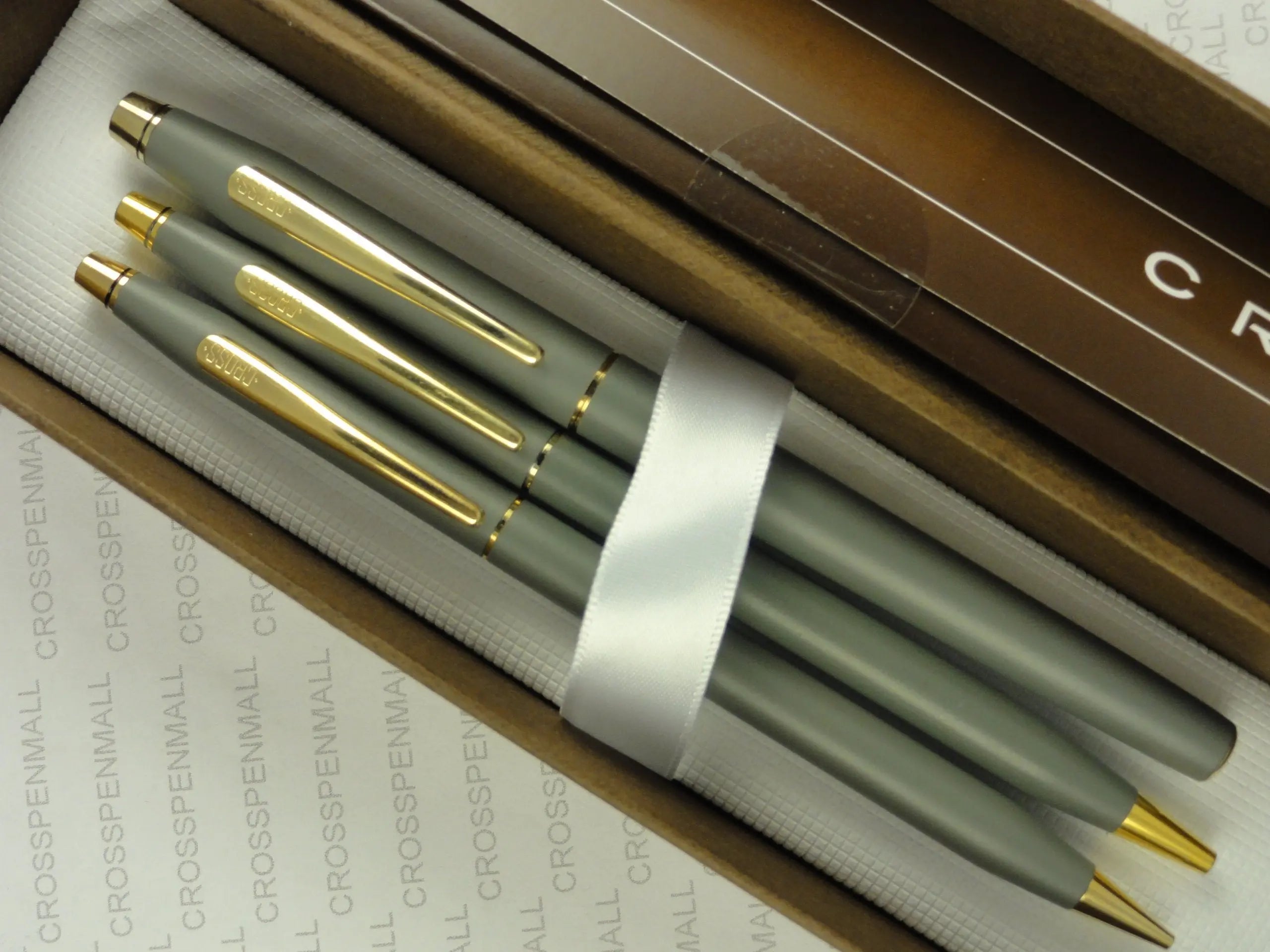 Cross Made in The USA Century Classic Trio of Satin Matte Gray and 23k Gold Appointment Selectip Rollerball Pen, Ball-Point Pen and 0.5MM Pencil Combo Set. Very Rare Made in Lincoln Rhode Island, USA crosspenmall.com