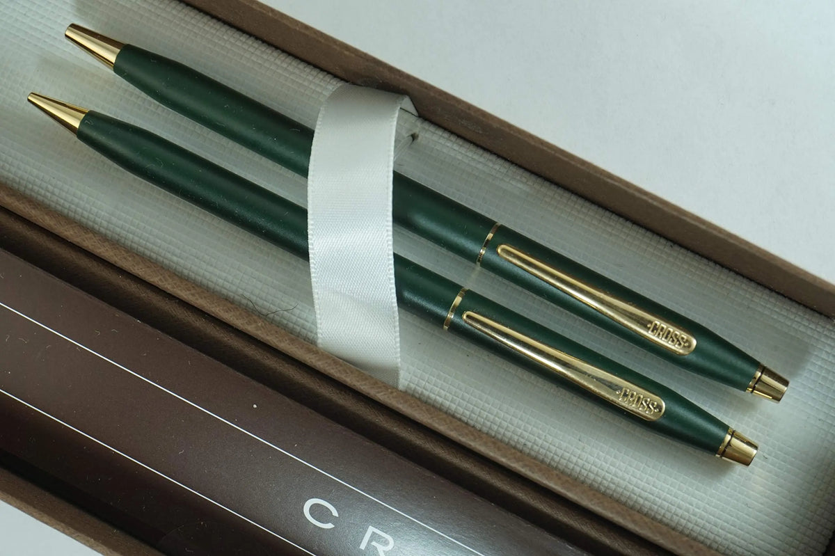Cross Made in the USA Century Classic Royal Satin Green Ballpoint Pen and 0.5MM Pencil Set with 23KT Gold Appointments. cross