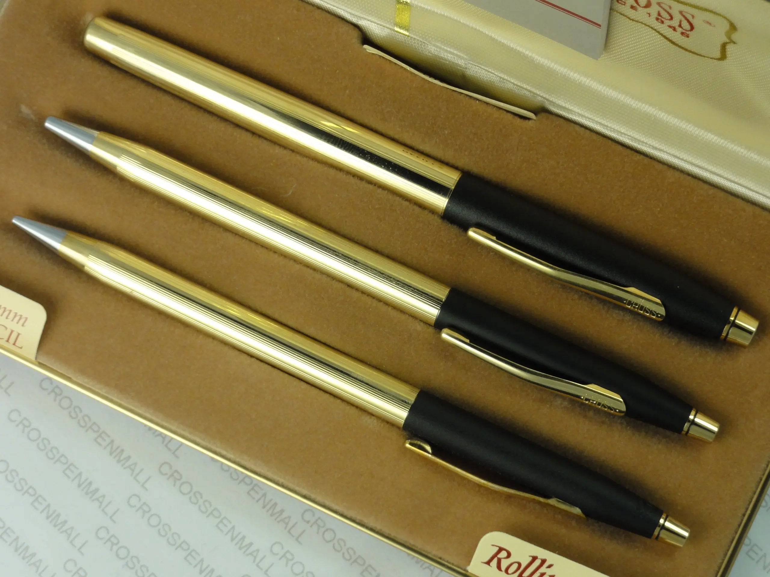 Cross Made in the USA Century Classic Trio of 10K Rolled/Filled Tuxedo Rollerball Pen , Ball-Point Pen and 0.5MM Pencil Combo Set. Very Rare Made in Lincoln Rhode Island , USA crosspenmall.com