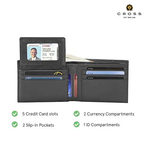 Cross Mens Leather Bifold Wallet with Removable Credit Card Case (Black) Cross