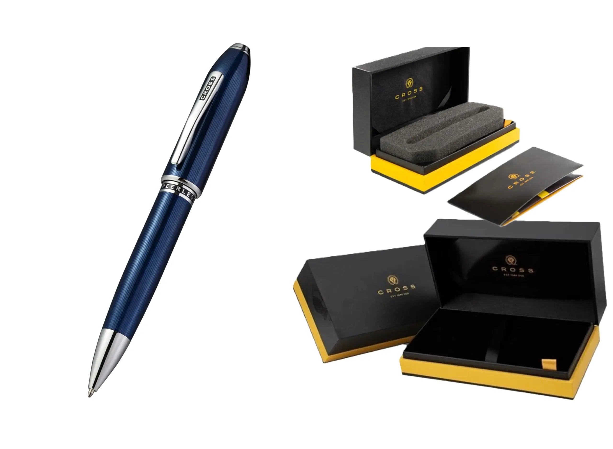 Cross Peerless 125 Ballpoint pen, Translucent Cobalt Blue, incise engraved diamond pattern, Swarovski™ Crystal, Engravable panel, Luxury Gift Box. Cross