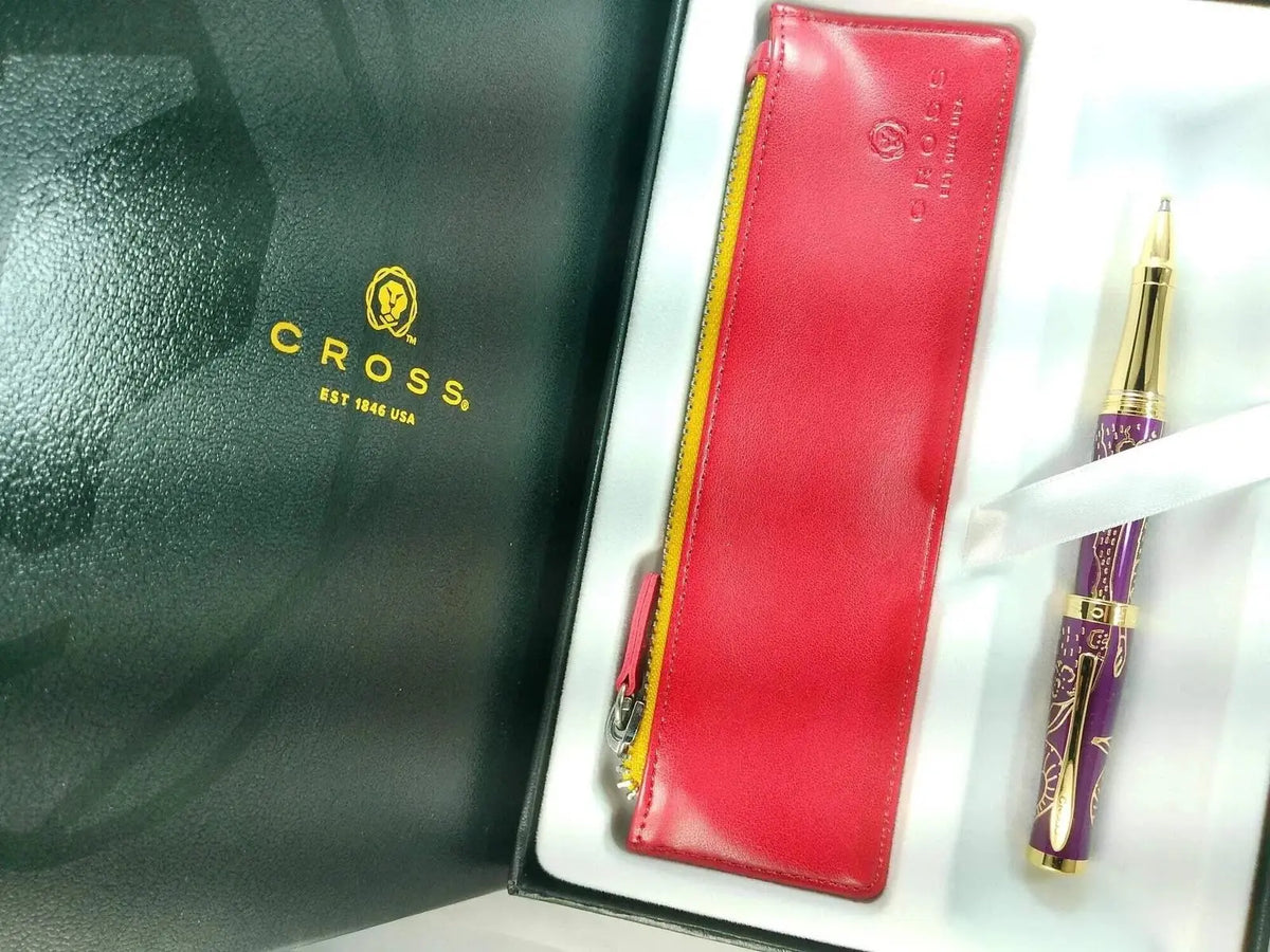 Cross Sauvage 2021 Year of the Ox Special-Edition, Hand-polished Translucent Plum lacquer finish with deep-etched Ox engraving, 23KT Gold Inlays and Appointments Selectip Rollerball Pen and Pouch cross