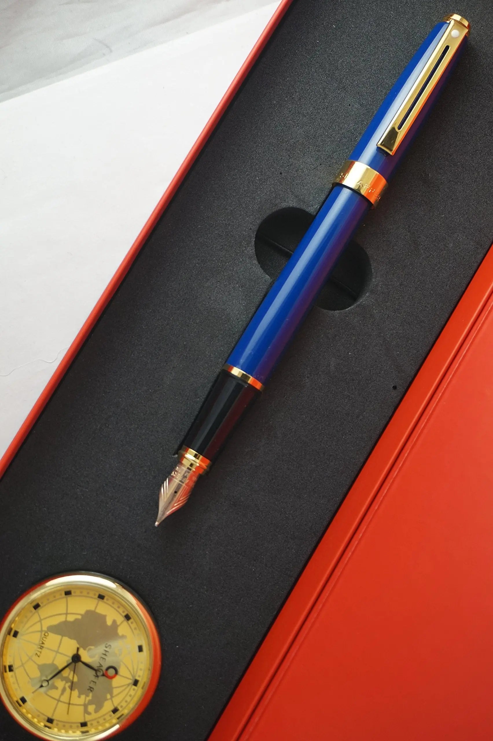 Cross -Sheaffer Executive Companion Cobalt Blue Lacquer Signature Prelude Collection with 22KT Rose Gold appointments,Solid and Stamped 14KT Gold Medium Nib Fountain Pen & Sheaffer Desk Clock Combo - crosspenmall.com