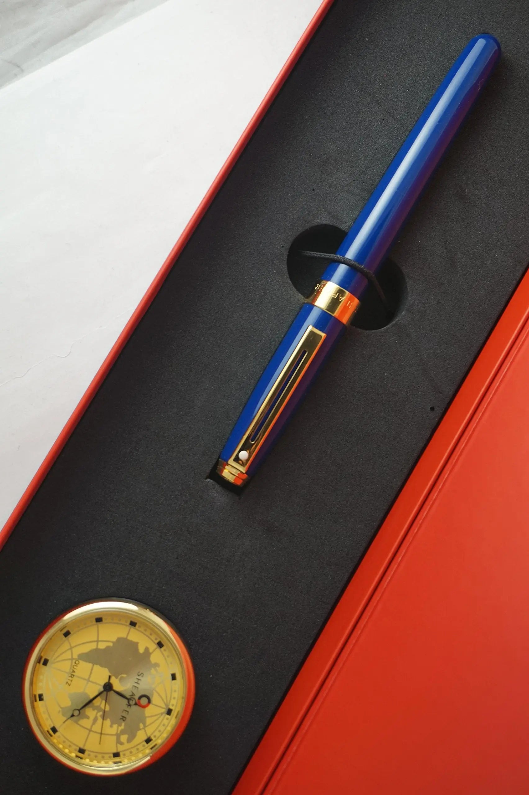 Cross -Sheaffer Executive Companion Cobalt Blue Lacquer Signature Prelude Collection with 22KT Rose Gold appointments,Solid and Stamped 14KT Gold Medium Nib Fountain Pen & Sheaffer Desk Clock Combo - crosspenmall.com