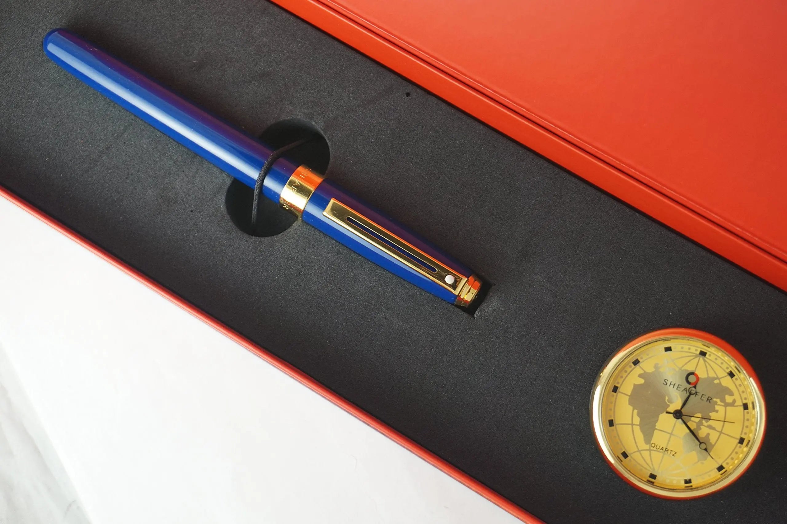 Cross -Sheaffer Executive Companion Cobalt Blue Lacquer Signature Prelude Collection with 22KT Rose Gold appointments,Solid and Stamped 14KT Gold Medium Nib Fountain Pen & Sheaffer Desk Clock Combo - crosspenmall.com