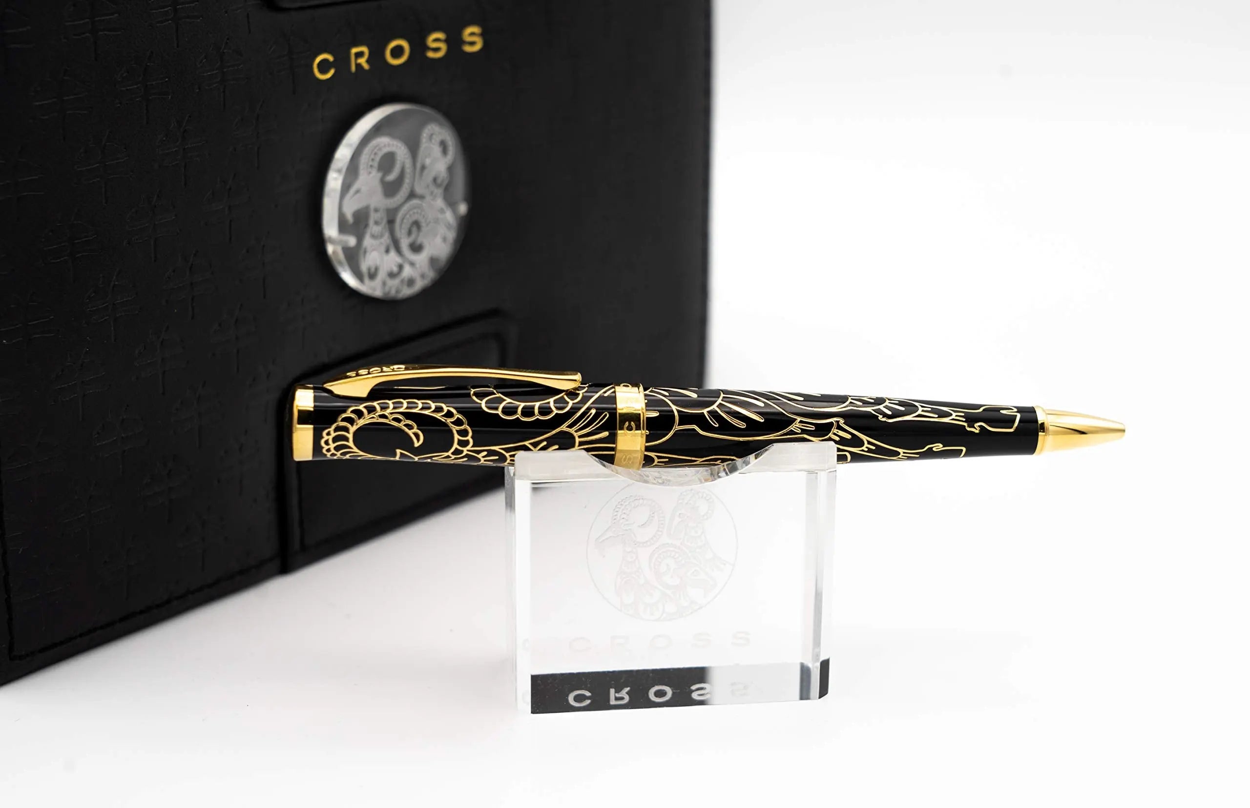 Cross Special Edition Hand made Year of the Goat - Black Lacquer and polished 23KT gold overlays and appointments Ballpoint Pen in its Original big Corporate Leather gift box - crosspenmall.com