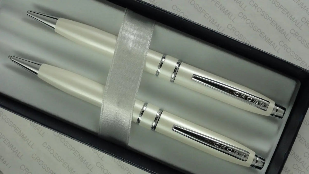 Cross Stratford Ballpoint Pen and Pencil Set, Pearlescent White, Jewelry-Quality Center Bands, Spring-Loaded Clip, in Premium gift box cross